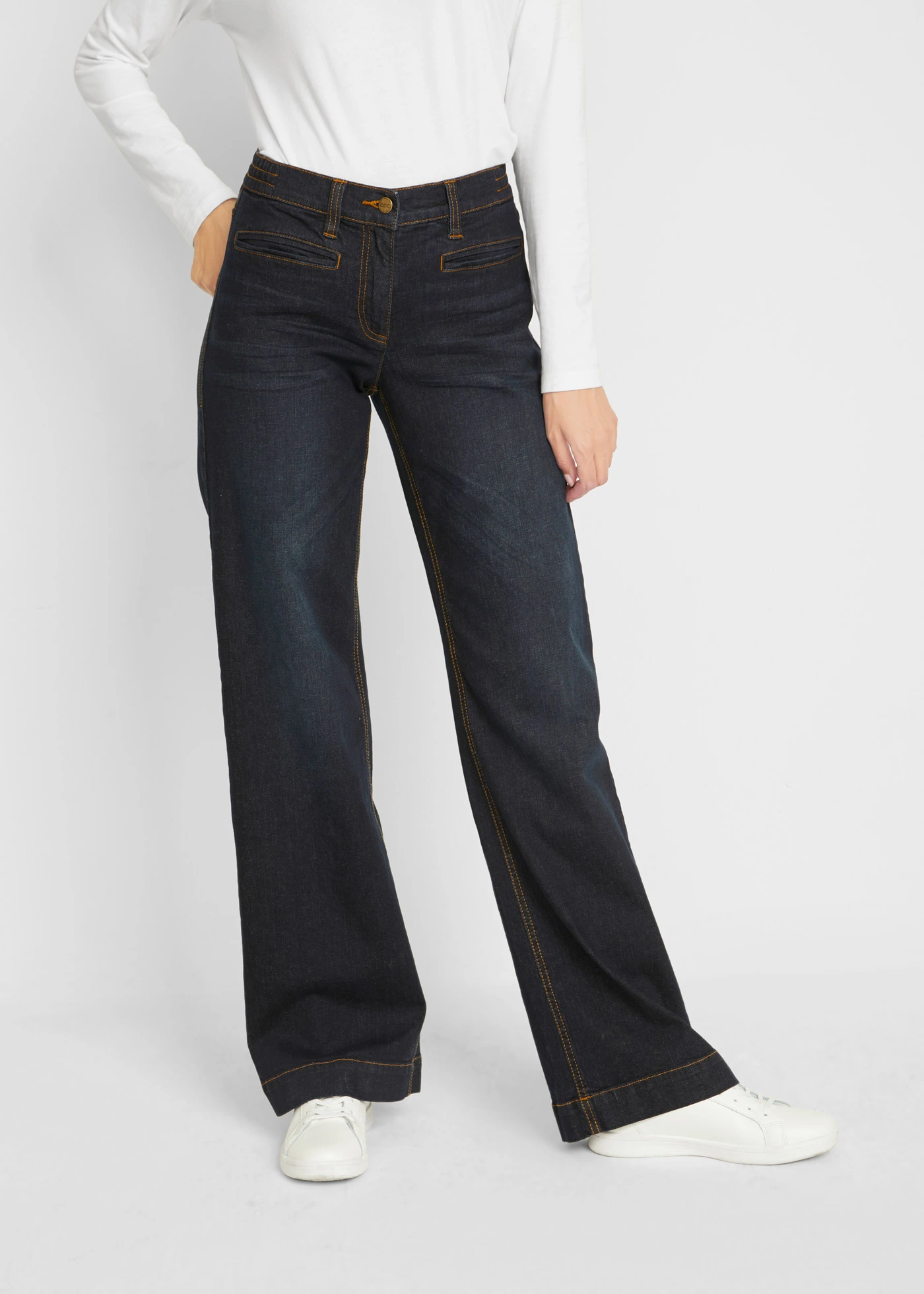 Wide leg jeans mid waist, comfort tailleband • donkerblauw denim used • bonprix online shop
