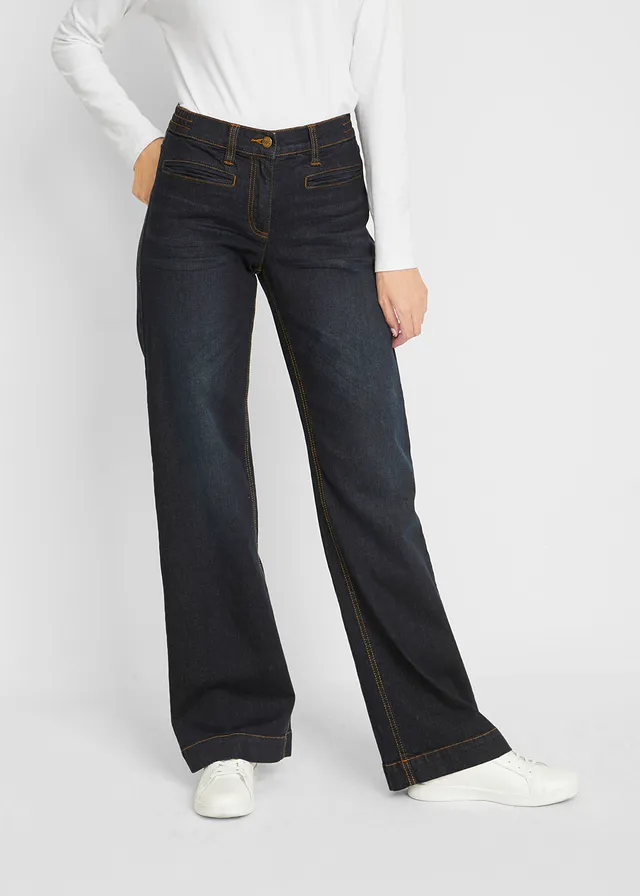 Wide leg jeans mid waist, comfort tailleband • donkerblauw denim used • product-page.page-title-suffix