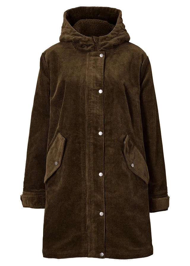 Warme corduroy parka met teddy voering in capuchon, A-lijn