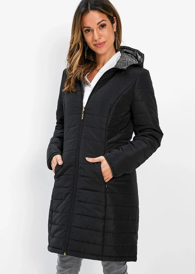 Lange, gewatteerde reversible jas, Kleur: zwart