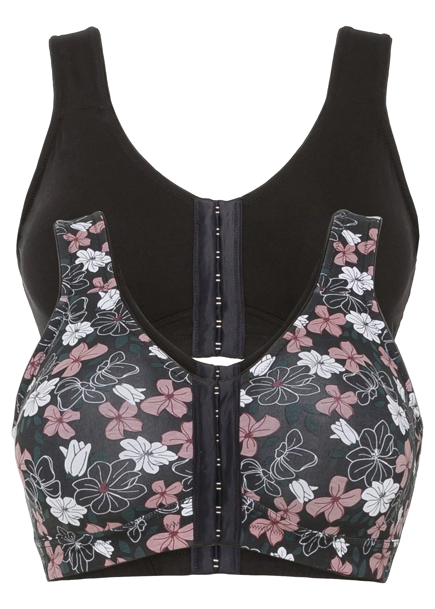 Set de 2 sutiene fără armătură, cu închidere frontală, bumbac • negru + negru floral • magazin bonprix