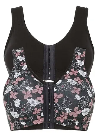 Lot de 2 soutiens-gorge coton agrafage devant, sans armatures • noir floral + noir • Boutique bonprix