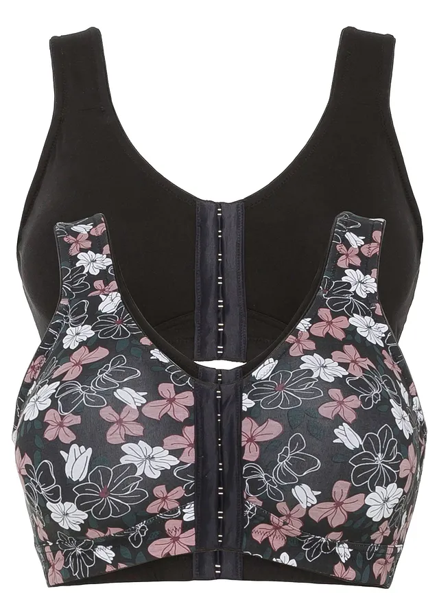 Lot de 2 soutiens-gorge coton agrafage devant, sans armatures • noir floral + noir • Boutique bonprix