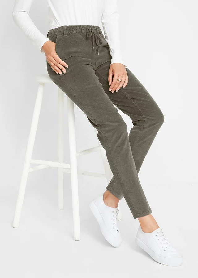 Pantalon en velours côtelé, taille élastiquée, Couleur: olive foncé