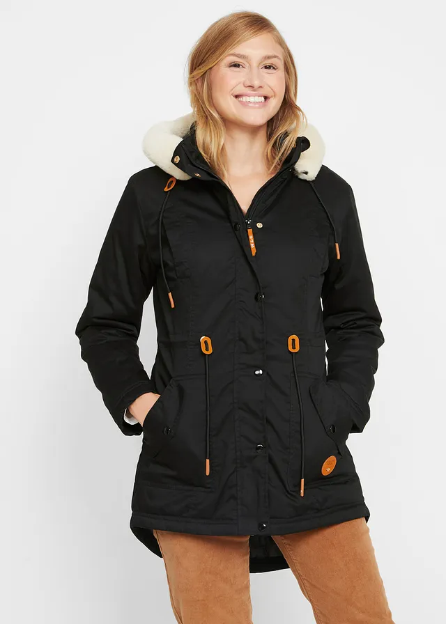 Gewatteerde parka met imitatiebont, Kleur: zwart