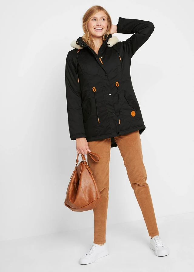 Gewatteerde parka met imitatiebont, Kleur: zwart