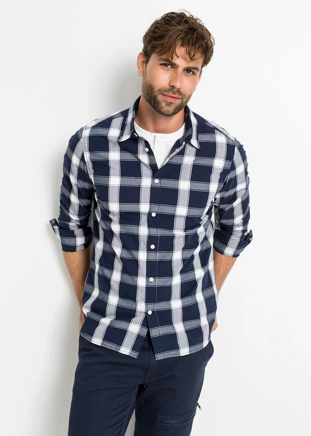Chemise manches longues 100% coton, Couleur: bleu foncé carreaux