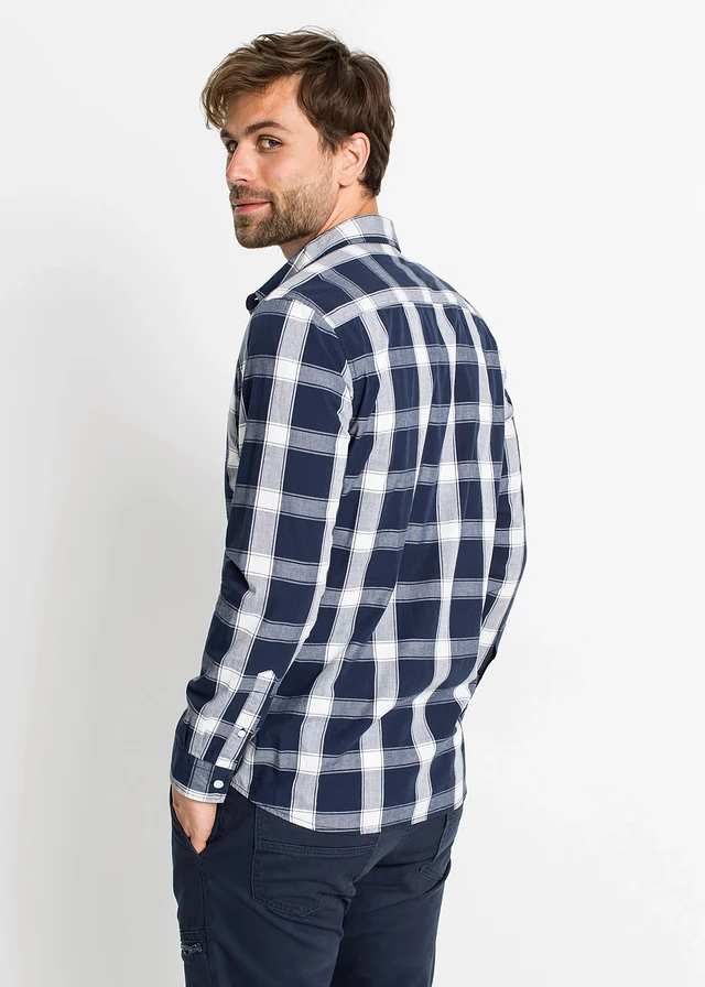 Chemise manches longues 100% coton, Couleur: bleu foncé carreaux