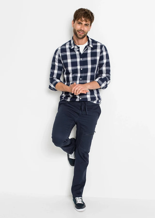 Chemise manches longues 100% coton, Couleur: bleu foncé carreaux