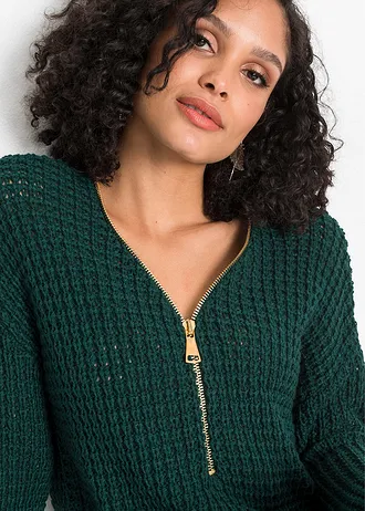 Grof gebreide trui met ritssluitingdetail • diepgroen • bonprix online shop