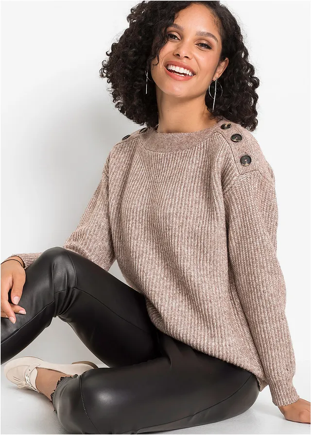 Oversized trui met knopen, Kleur: bruin gemêleerd
