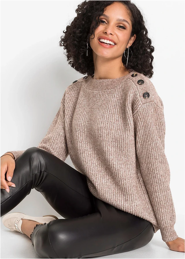 Pull oversize à boutons, Couleur: marron chiné