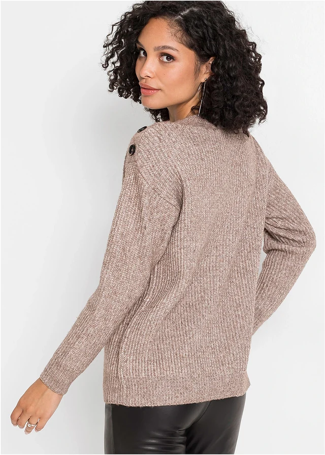 Oversized trui met knopen, Kleur: bruin gemêleerd