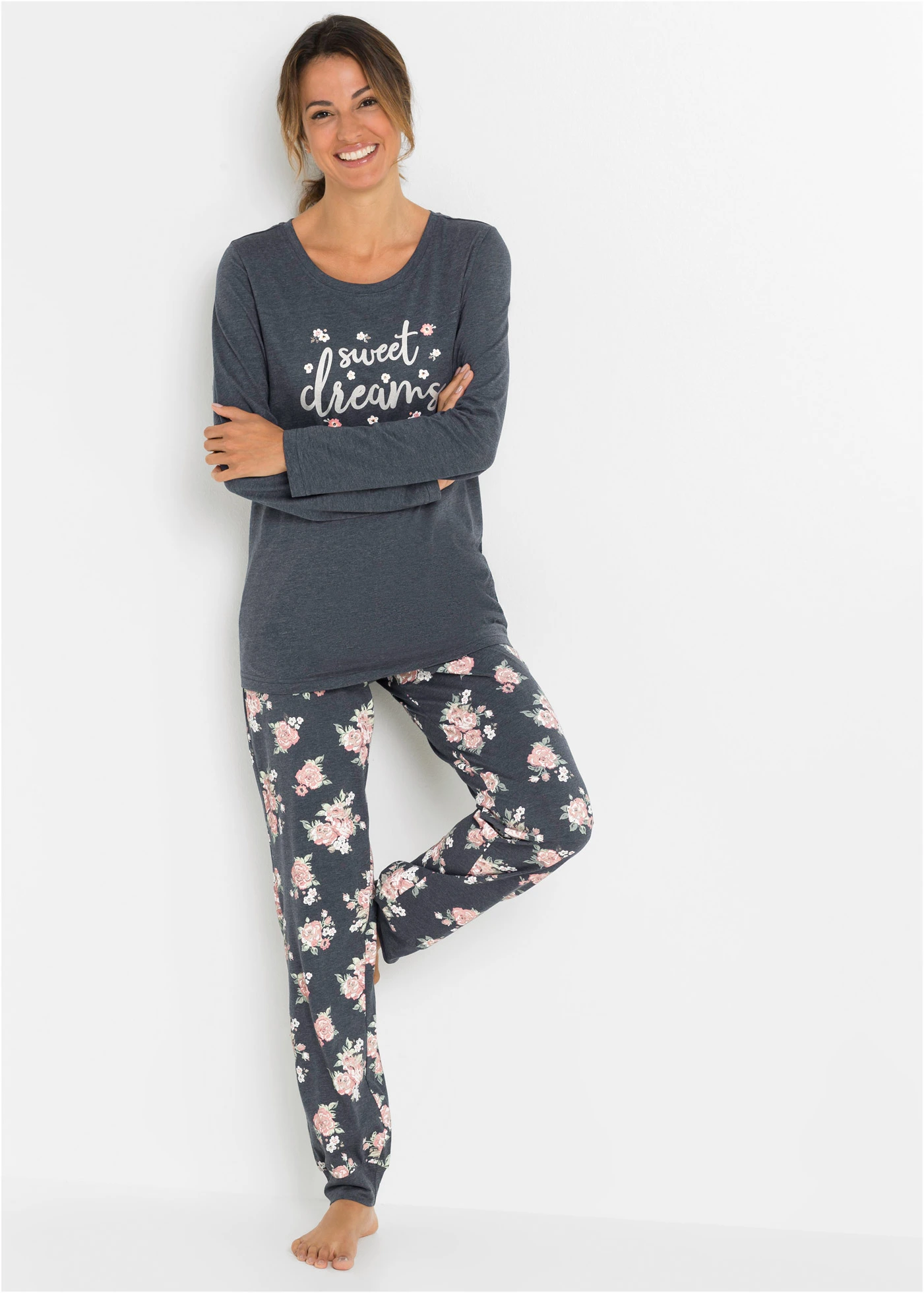 Pijama cu bumbac organic • albastru melanj floral • magazin bonprix