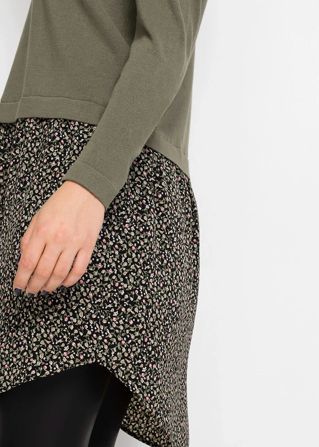 Robe pull en fine maille avec jupe montée • olive floral • product-page.page-title-suffix