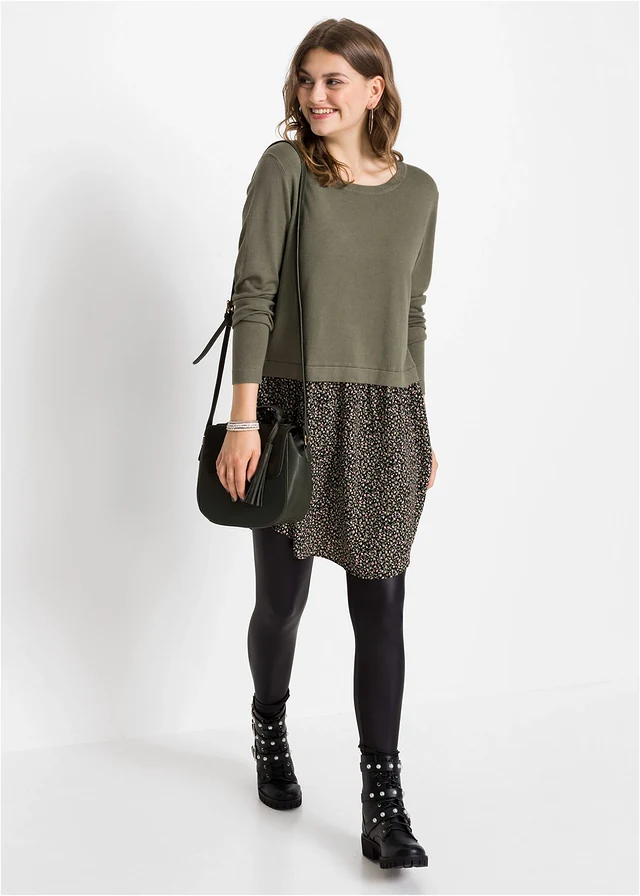 Robe pull en fine maille avec jupe montée • olive floral • product-page.page-title-suffix