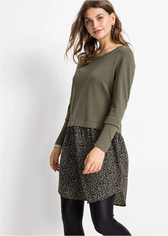 Robe pull en fine maille avec jupe montée, Couleur: olive floral