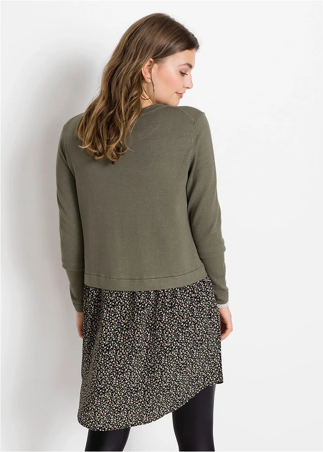 Robe pull en fine maille avec jupe montée • olive floral • product-page.page-title-suffix