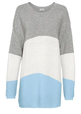 Svetr se žebrovým vzorem, barva: světle šedý melír - světle krémová - světle modrá s proužky