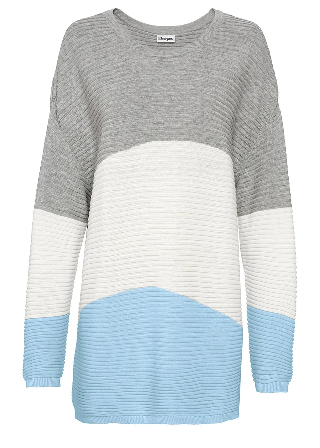 Pull côtelé, Couleur: gris clair chiné / écru / bleu glacé rayé