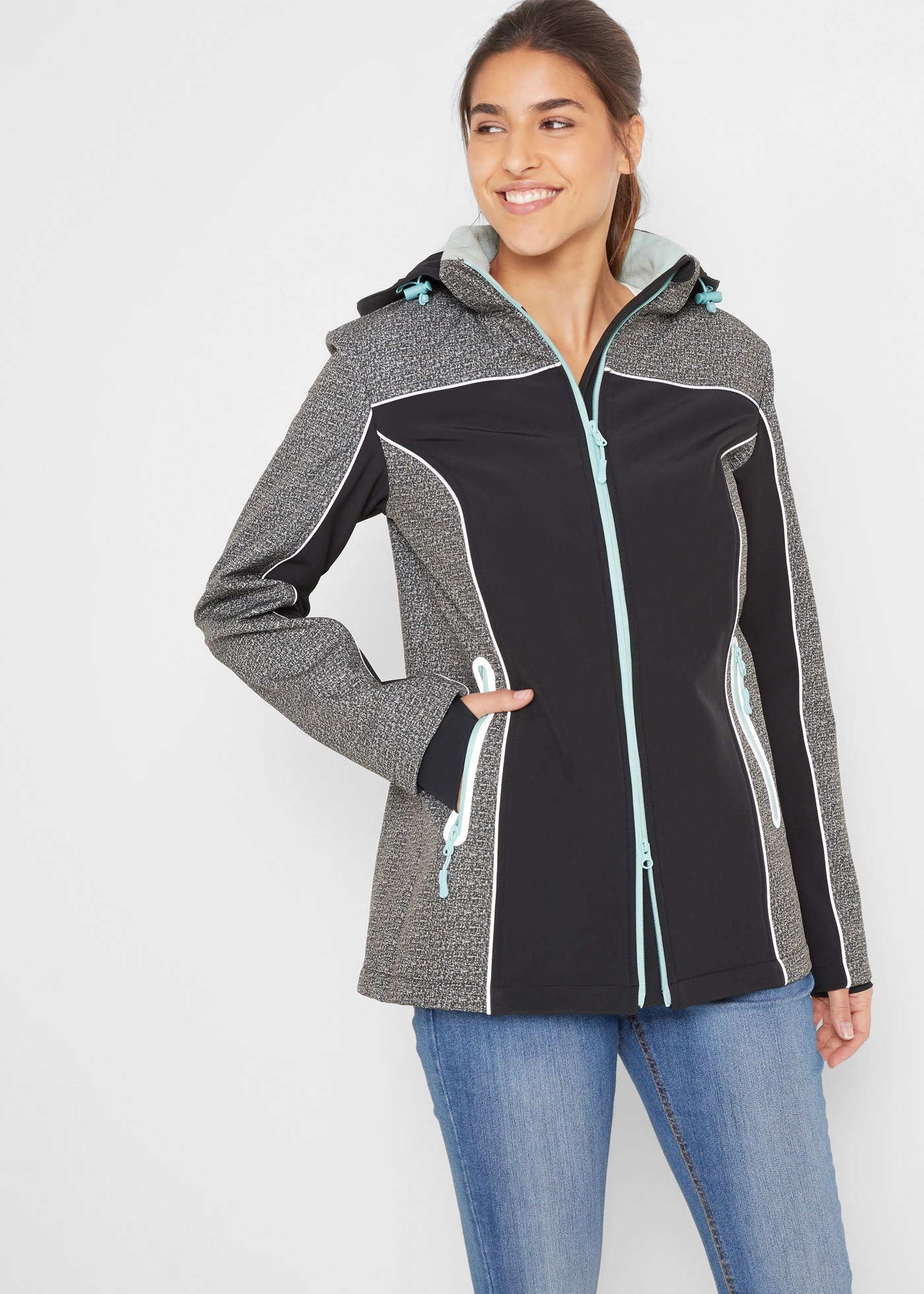 Softshell jas met reflecterende details, waterafstotend • grijs gemêleerd-aquapastel • bonprix online shop
