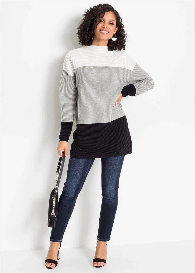 Pull long à rayures, Couleur: blanc cassé/gris/noir rayé