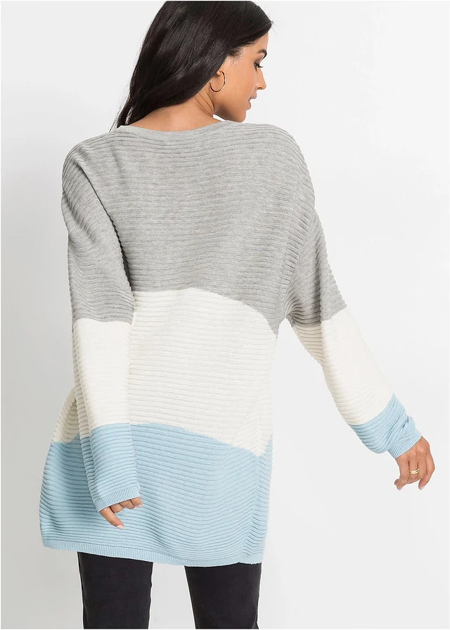 Pull côtelé, Couleur: gris clair chiné / écru / bleu glacé rayé