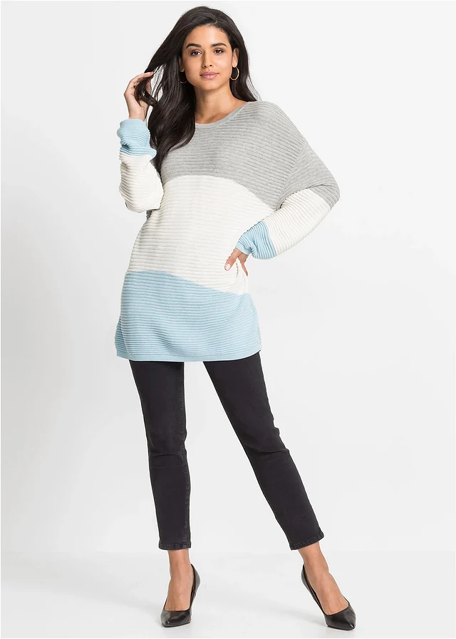 Pull côtelé, Couleur: gris clair chiné / écru / bleu glacé rayé