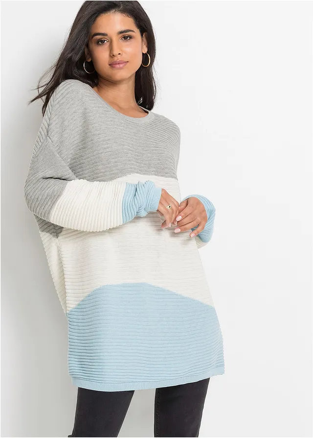 Pull côtelé, Couleur: gris clair chiné / écru / bleu glacé rayé
