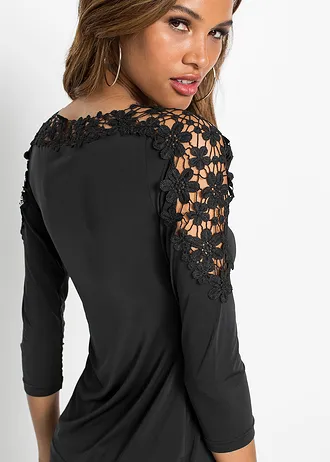 Bluzka z szydełkową wstawką i rękawami 3/4 • czarny • sklep bonprix