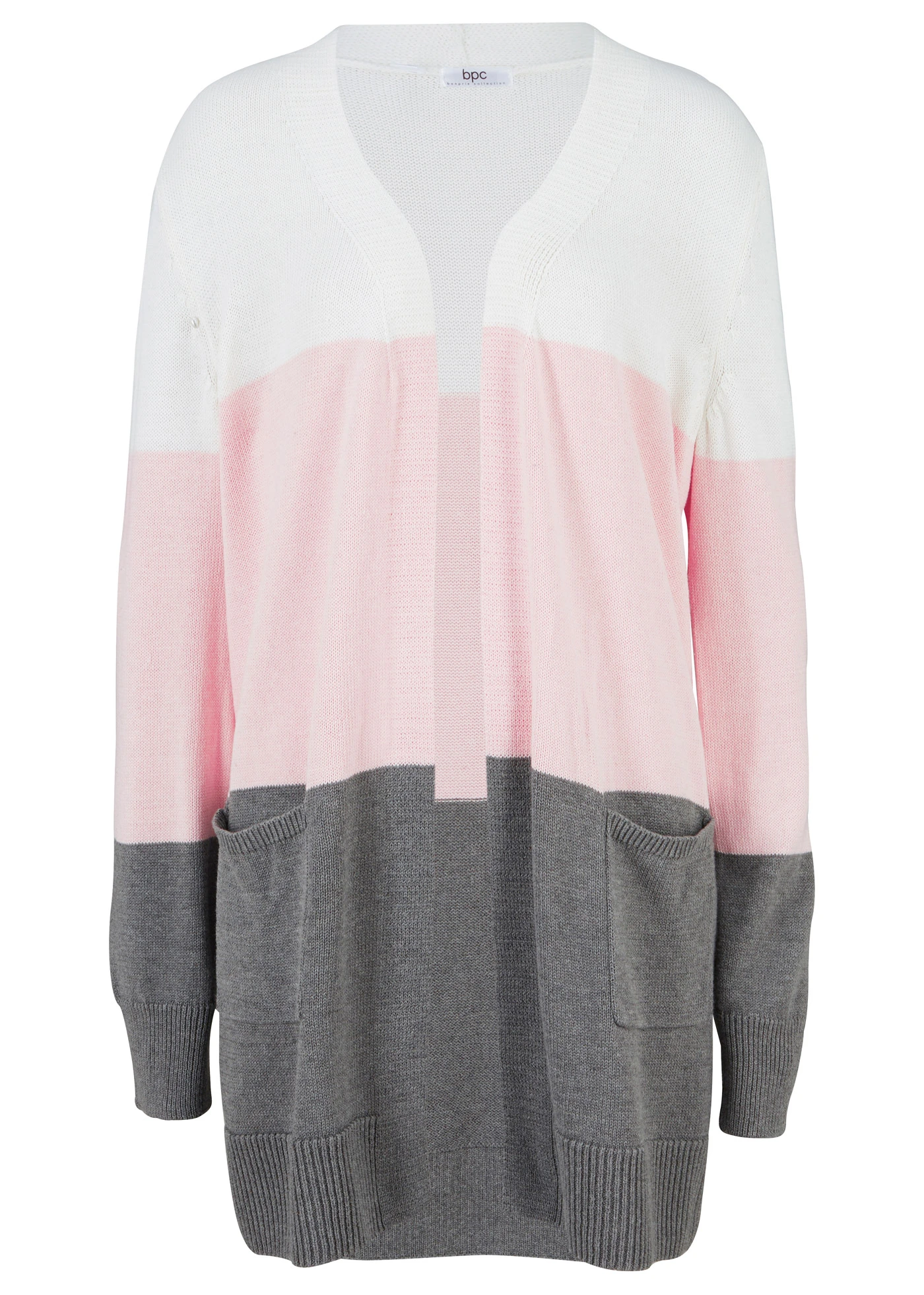 Široký pletený kabátek, dlouhý rukáv • světle krémová-šedý melír-světle růžová s příčnými proužky • bonprix obchod