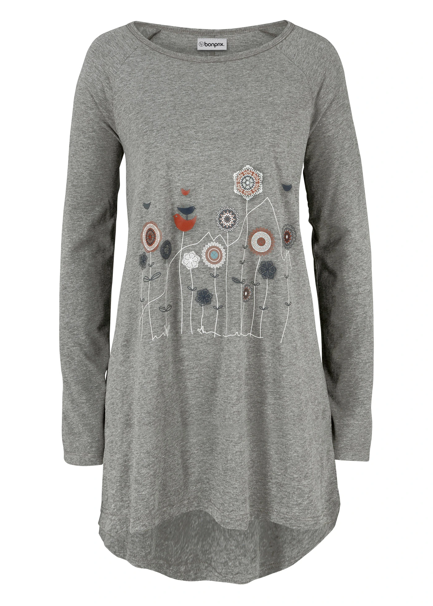 Dlouhé oversize triko s kulatým výstřihem • šedý melír s květy • bonprix obchod