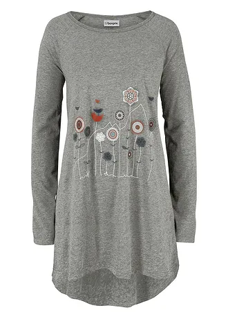 Dlouhé oversize triko s kulatým výstřihem • šedý melír s květy • bonprix obchod