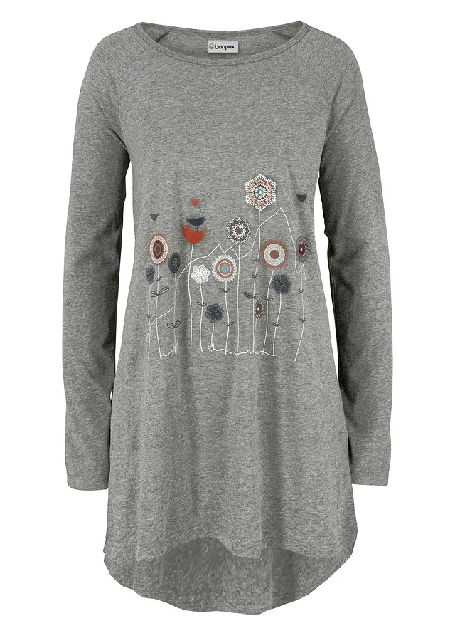 Dlouhé oversize triko s kulatým výstřihem • šedý melír s květy • bonprix obchod