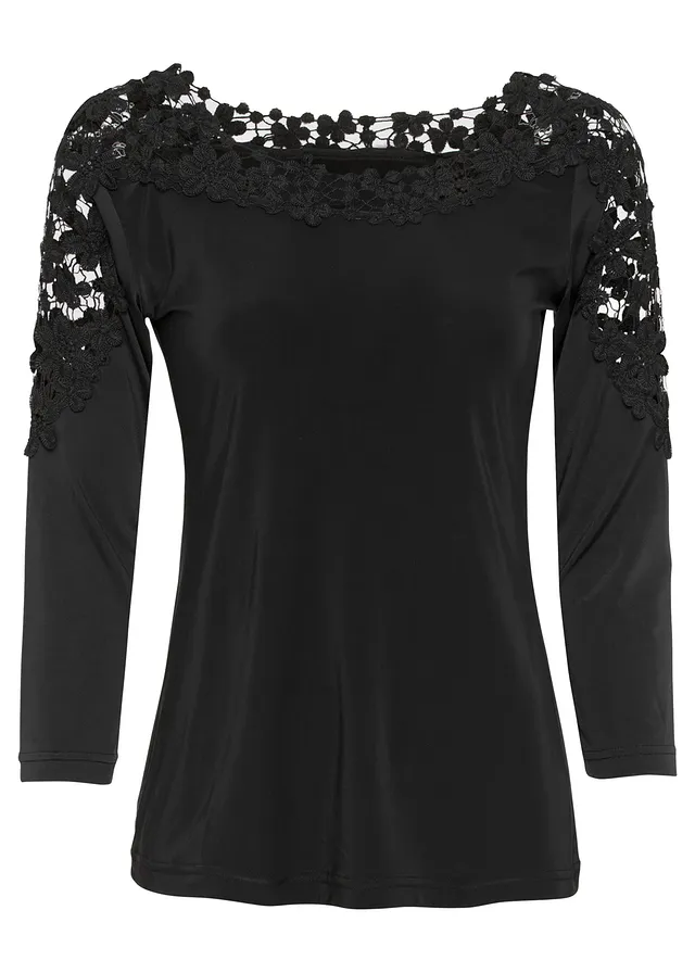 T-shirt à empiècement crochet, manches 3/4, Couleur: noir