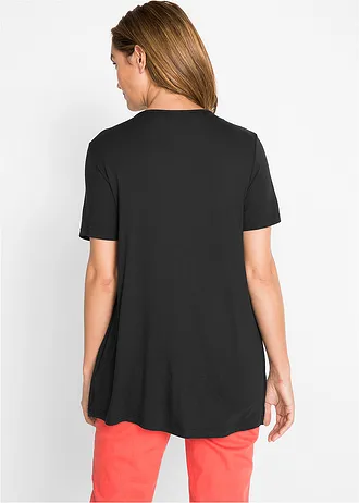 T-shirt 2en1 col V, manches courtes, Couleur: noir pois blanc
