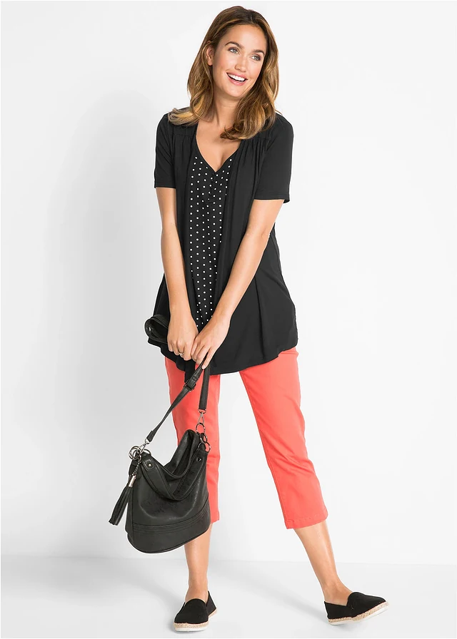 2-in-1 shirt met V-hals, korte mouw, Kleur: zwart-wit gestippeld