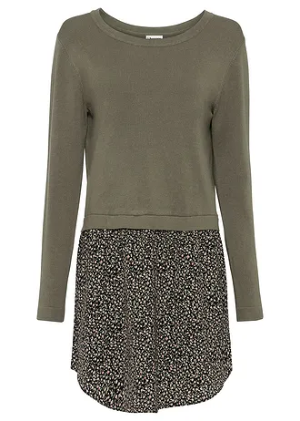 Robe pull en fine maille avec jupe montée, Couleur: olive floral