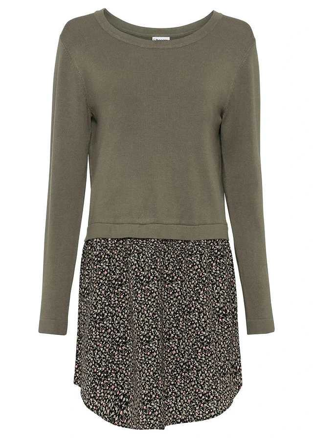 Robe pull en fine maille avec jupe montée, Couleur: olive floral
