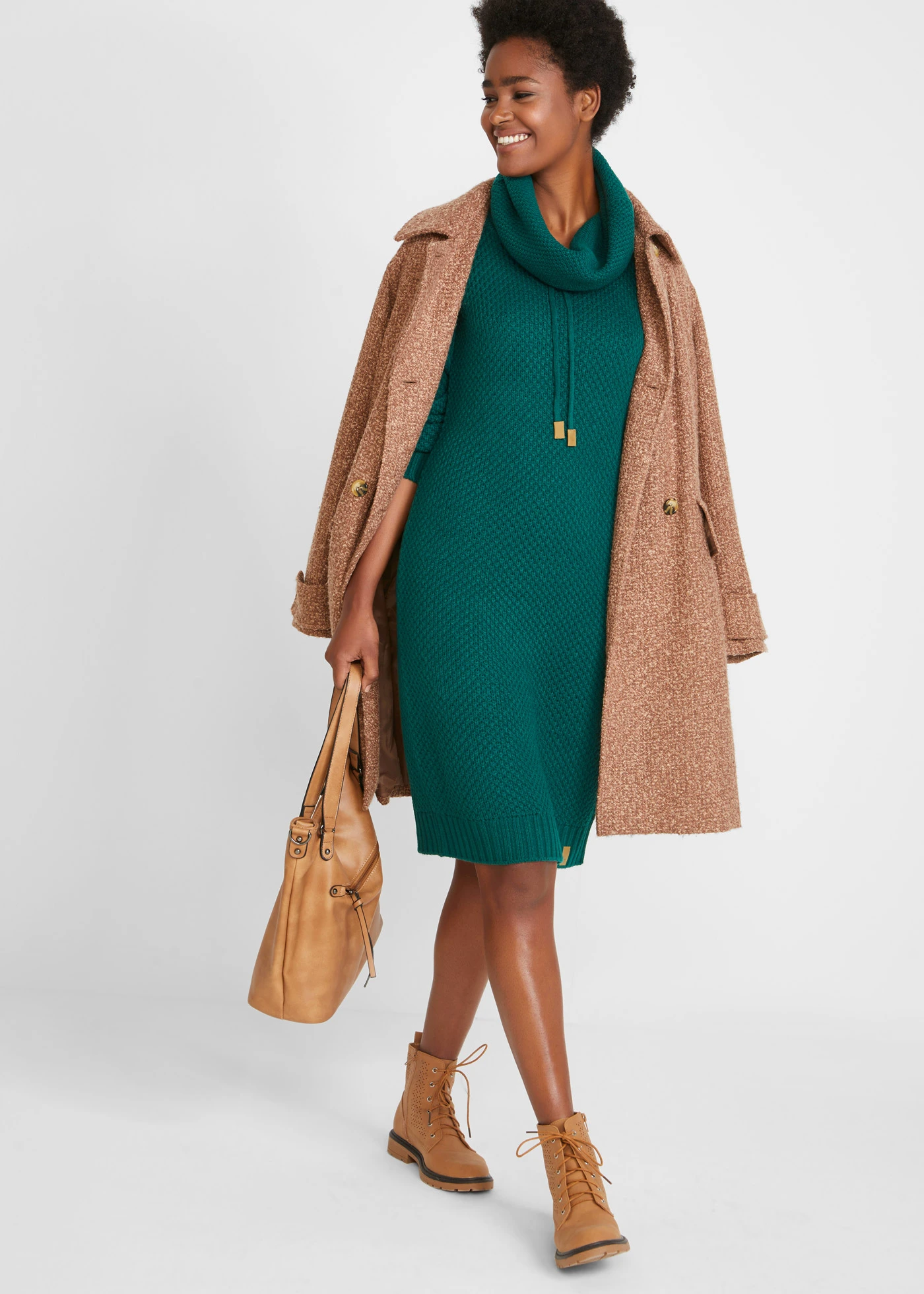 Pletené šaty se šálovým límcem • sytě zelená • bonprix obchod