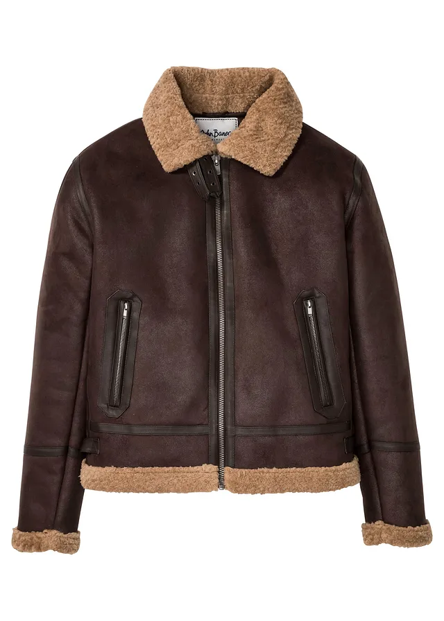 Korte imitatieleren jas met teddy voering • donkerbruin • bonprix online shop