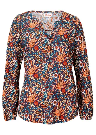 Tričková tunika s potiskem, dlouhý rukáv, barva: matně oranžová s květinovým potiskem