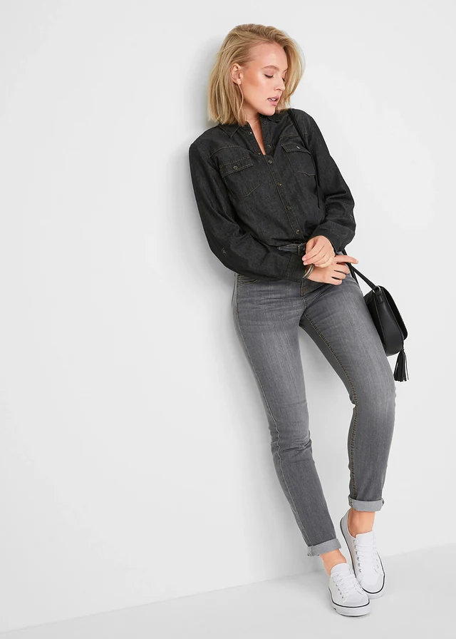 High waist comfort stretch jeans, slim fit • grijs denim used • product-page.page-title-suffix