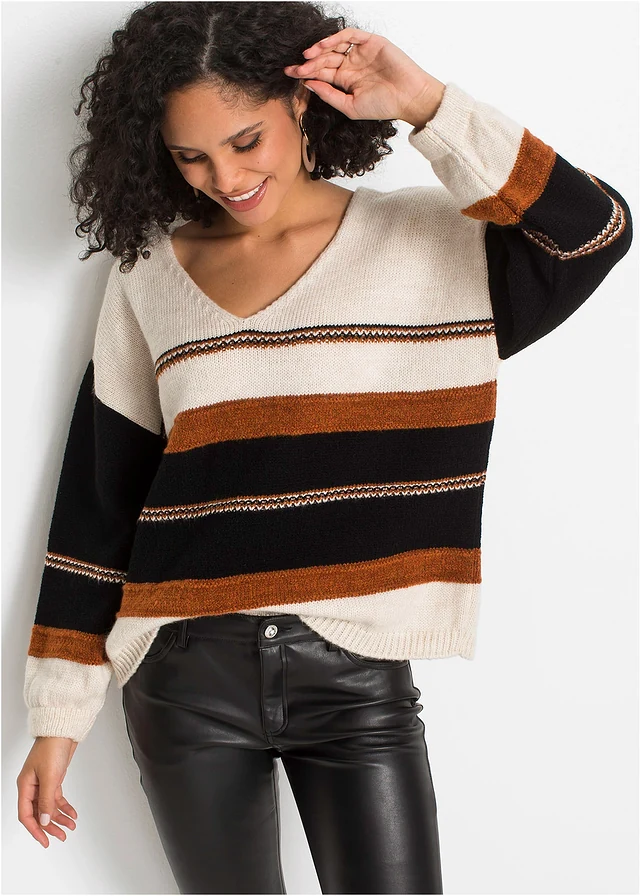 Pull, Couleur: crème-marron-noir rayé