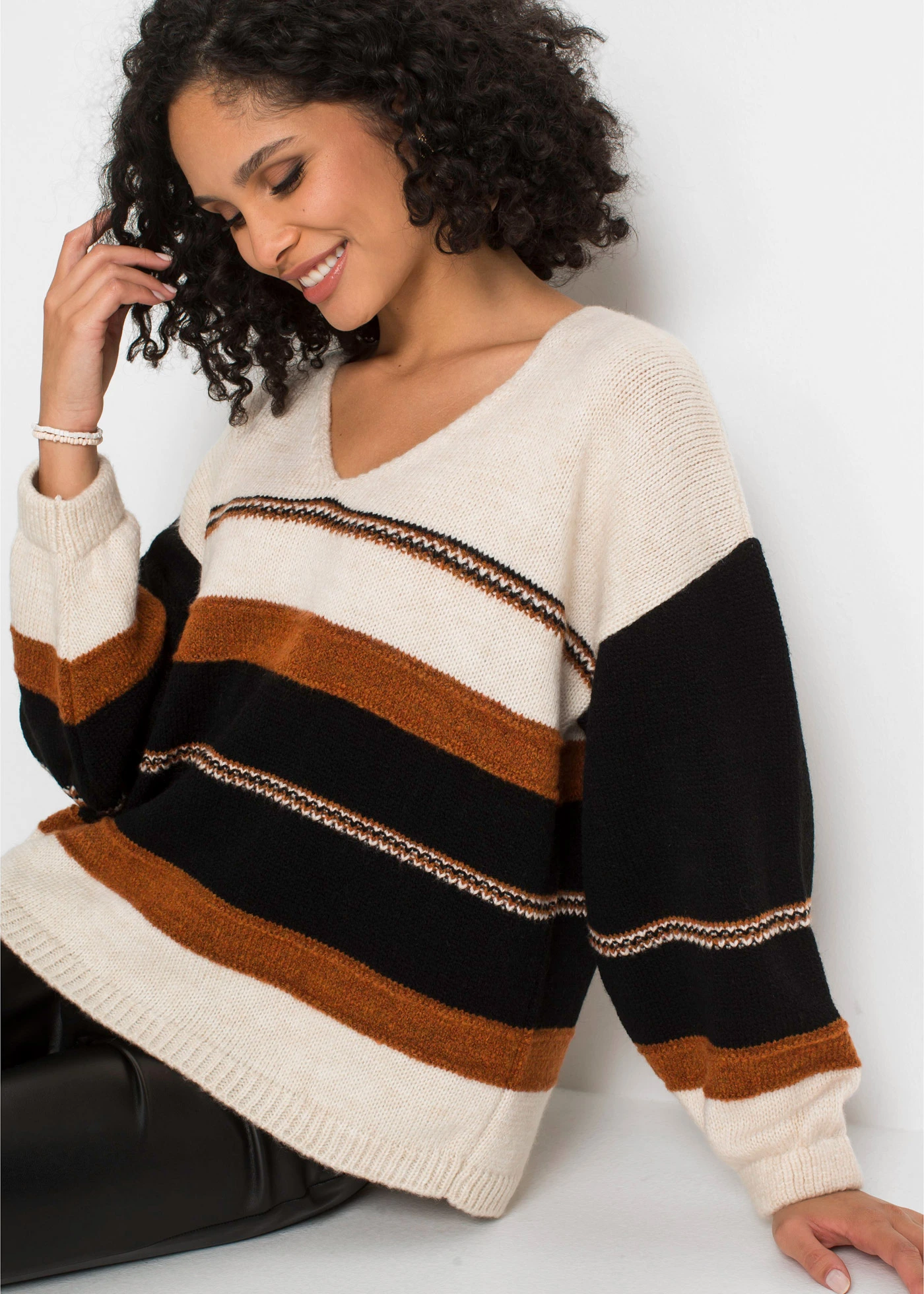 Pull • crème-marron-noir rayé • Boutique bonprix