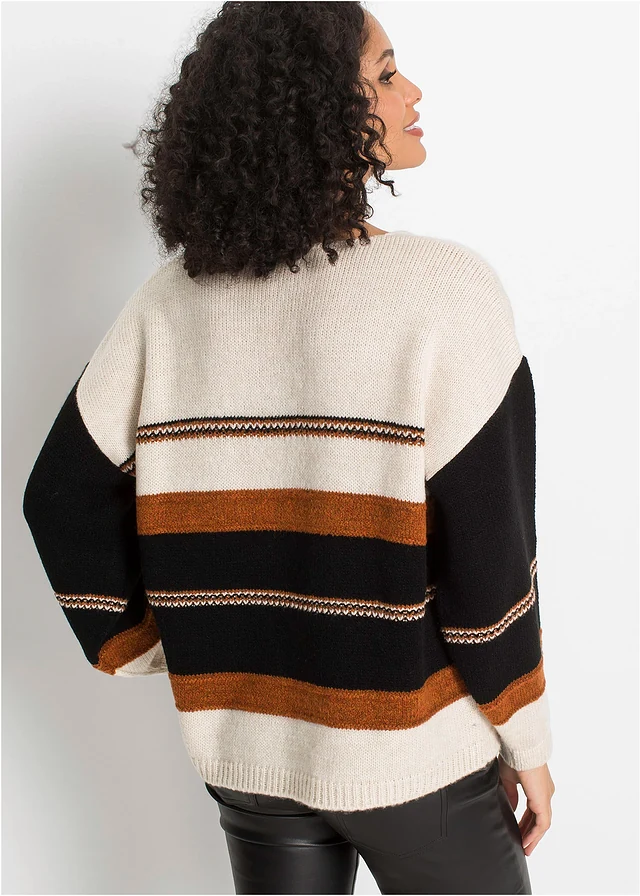 Pull, Couleur: crème-marron-noir rayé
