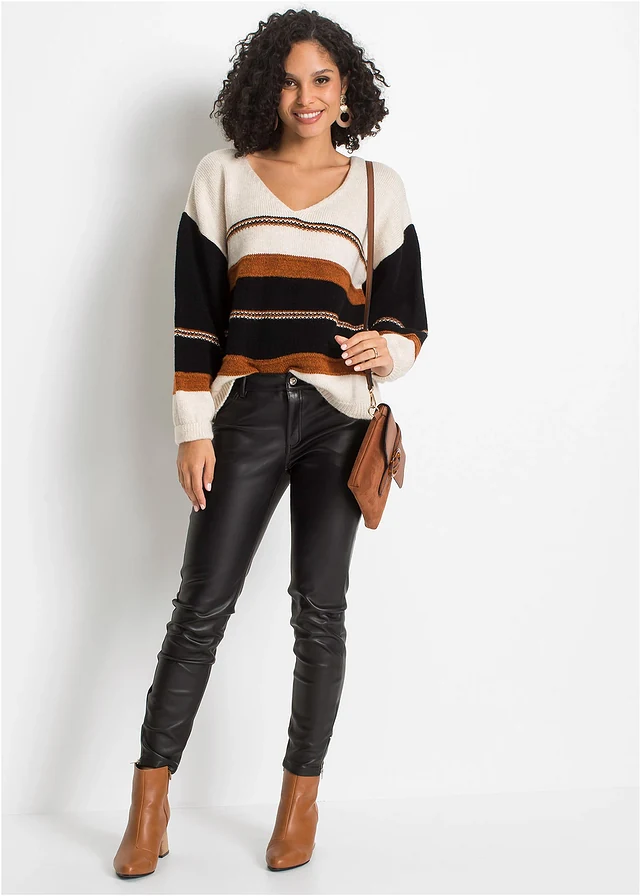 Pull, Couleur: crème-marron-noir rayé