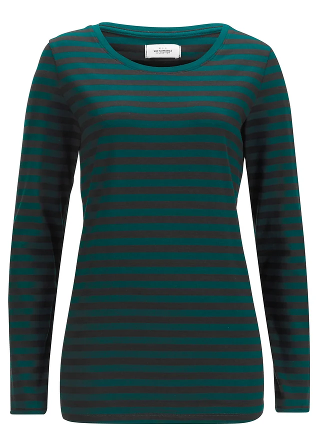 T-shirt manches longues en coton extensible, Couleur: noir/vert profond rayé
