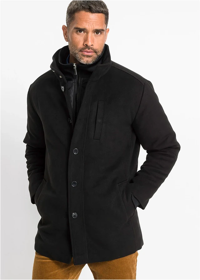 Veste d’hiver aspect laine avec empiècement coupe-vent, Couleur: noir