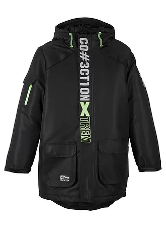 Winterjas met sportieve details en capuchon • zwart met print • bonprix online shop